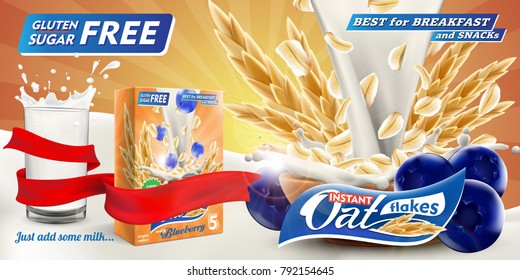 Oat flakes with blueberry advertising poster with oatmeal box and big splash of pouring in glass milk vector realistic illustration