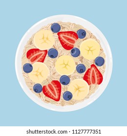 Tartas de avena en un bol con banana, arándanos y fresas, vista superior. Desayuno natural saludable. Parte de avena con frutas en un bol aislado en el fondo. Ilustración dibujada a mano por vectores.