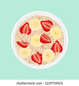 Oat flakes in a bowl with pieces of banana and strawberries, top view. Flatlay. Healthy natural breakfast. Portion of oats with fruits in a bowl isolated on background. Vector hand drawn illustration.