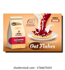 Oat Flakes Breakfast Bright Promo Vector De Afiches. La Oatharina Se Lanza Con Paquete De Frambuesa Y Crema, Granos Enteros En Placa Y Leche En Cartel De Publicidad Creativa. Ilustración de diseño de concepto colorido