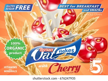 Oat flakes with cherry flavor advertising flyer vector illustration with big milk splash. High quality oatmeal art for ads broshure, poster or label design