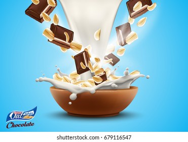 Oat flakes with chopped chocolate in big milk splash advertising flyer vector illustration. High quality oatmeal art for ads broshure, poster or label design