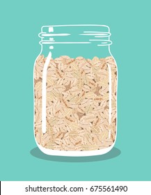 Oat flakes in glass vintage mason jar. Healthy natural breakfast. Portion of oats in a jar. Vector hand drawn illustration.