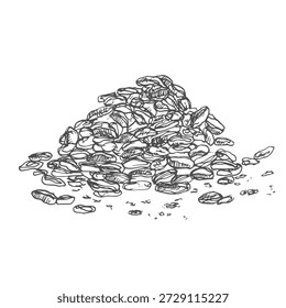 Haferflocken Haufen Vektorgrafik. Haferflocken Frühstück Essen Skizze. Handgezeichnete Illustration des Getreidestapels