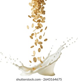Oat Flakes with Milk Splashes Isolated on White Background Healthy Breakfast and Dairy Nutrition Concept	