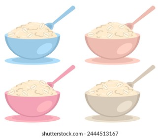 Oat flakes porridge bowls different pastel colors collection. Perfect print for stickers, poster, menu. Isolated vector illustration.



