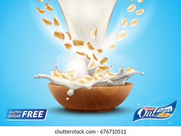 Oat flakes in splashing milk advertising flyer vector illustration. High quality oatmeal art for ads broshure, poster or label design