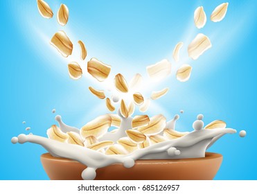 Oat flakes in splashing milk advertising flyer vector illustration. High quality oatmeal art for ads broshure, poster or label design