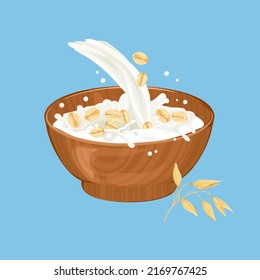 Oat flakes and splashing milk. Vector cereal breakfast. Cartoon bowl with healthy food.