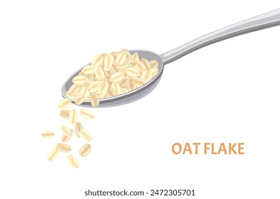 Oat flakes in spoon isolated on white. Vector illustration of healthy food in flat, simple style. Cooking ingredient. Dry rolled oats splash throwing in Air. Freeze motion