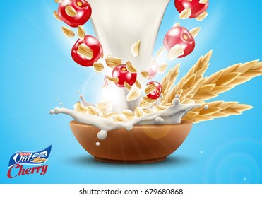 Oat flakes with sweet cherry in big milk splash advertising flyer vector illustration. High quality art for ads broshure, poster or label design
