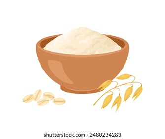 Oat flour in bowl, spikelet and oat flakes. Vector cartoon flat illustration. Healthy food icon.