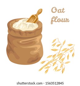 Oat flour in canvas bag, measured wooden scoop and oat golden ear isolated on white background. Vector illustration of cereals in cartoon simple flat style.