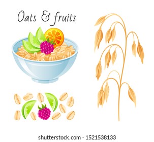 Oat meal fruit berry set. Bowl, oatmeal ear, flake, apple. Breakfast cup, oat grain porridge or muesli. 3d realistic icon. Cartoon healthy food design. Vector illustration isolated white background