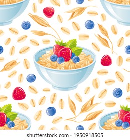 Oat meal pattern. Bowl with granola, muesli, oat flakes, porridge. Blueberry strawberry yogurt oatmeal breakfast. Vector cereal background. Cute illustration of oatmeal bowl. Cartoon wallpaper