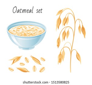 Oat meal set. Bowl, oatmeal ear & flake. Breakfast cup with oat grain porridge, muesli, seed. 3d realistic icon. Cartoon style for healthy food design. Vector illustration isolated on white background