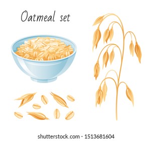 Oat meal set. Bowl, oatmeal ear & flake. Breakfast cup with oat grain porridge, muesli, seed. 3d realistic icon. Cartoon style for healthy food design. Vector illustration isolated on white background