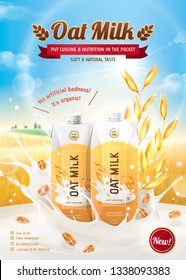 Oat milk ads with splashing liquid and carton boxes on bokeh grain field background in 3d illustration