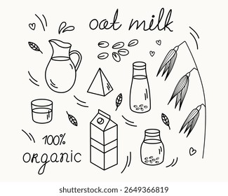 Oat Milk doodle with oats branch, seeds, glass paper bottles with dairy product. Hand drawn clip art with vegetable organic milky products for label, logo. Design lactose free vegetarian cereal drink
