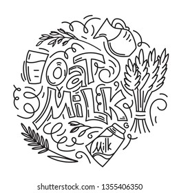 Oat milk hand drawn lettering. Spikes and grains of oats, glass with oat milk, carton box and glass jar of milk. Doodle style, linear, black and white, vector illustration.