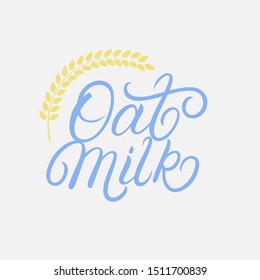 Oat Milk hand written lettering text with drops of milk. Design for logo, sticker, banner, poster, print. Isolated on white background. Vector illustration.