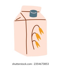 Icono de leche de avena, ilustración de doodle vectorial de leche no diaria, producto a base de plantas para menú vegano, paquete de papel con planta de avena, café vegano, clipart de color aislado sobre fondo blanco