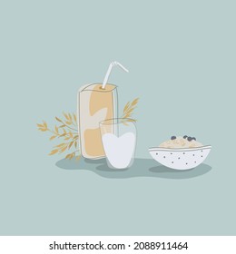 Leche de avena. Comida coreana. Desayuno saludable. Harina de avena y un vaso de leche. Bebida de la mañana