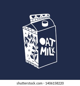 Oat milk pack hand drawn vector illustration. Diet vegetarian drink sketch drawing. Cartoon milk packaging with black lettering. Healthy nutrition print, banner, poster, textile design