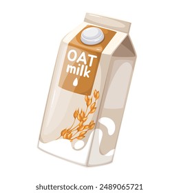 Oat milk package, cartoon carton box for storage. Grocery store and supermarket packaging with vegan oat drink, food ingredient for cooking healthy smoothie and cocktail cartoon vector illustration