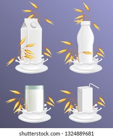 Oat milk package mockup set. Vector realistic illustration of healthy vegan milk in glass, white blank plastic bottle and carton paper pack with liquid splash and oat ears.