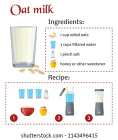 Oat milk recipe. Vector template with ingredient icons.
