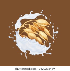 Oat and milk splash. Oats ears, grain on spikelet Realistic illustration. 3d vector icon