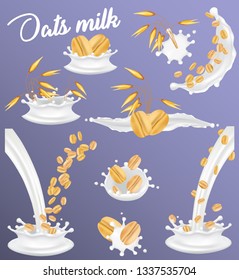 Oat milk splash set. Vector realistic illustration of oat ears, whole grains, rolled oats in vegan plant milk splashing and pouring. Healthy nutrition, creamy and delicious diet food.