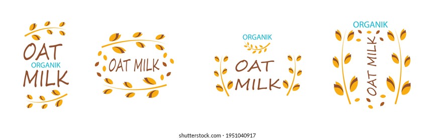 Oat Milk vector logo. Spikes and grains of oats. Vector stock illustration and lettering