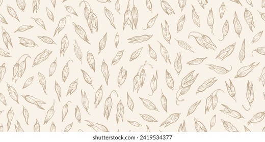 Oat pattern. Oat spikes background. Line cereal drawing. Grain farm sketch in golden color. Vector bread plant art. Oatmeal seed vintage seamless pattern. Agriculture field background with bakery food