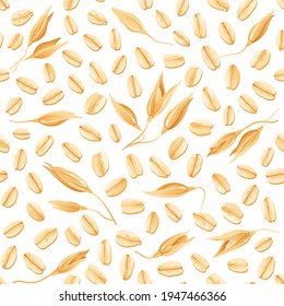 Oat pattern. Vector oatmeal illustration. Cereal grain seamless background. Isolated muesli drawing. Spelt wheat plant pattern. Porridge, flakes or granola with milk design. Natural oat meal wallpaper