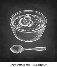 Oat porridge with berries in bowl and spoon. Chalk sketch on blackboard background. Hand drawn vector illustration. Vintage style stroke drawing.