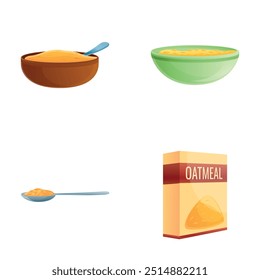 Ícones de mingau de aveia definir vetor de desenho animado. Aveia em pacote e tigela. Comida, alimentação saudável