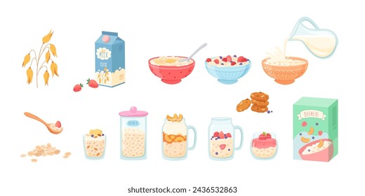 Conjunto de ilustración vectorial de productos de avena. Desayuno saludable. Iconos de carbohidratos. Concepto de productos naturales. Comida de avena colorida. Grano, cereal, muesli, avena, leche, papilla con frutas.