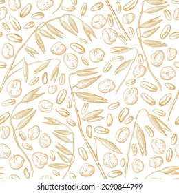 Oat seed, flakes seamless pattern. Organic farm food and bio milk. Texture graphic hand drawn background. Healthy porridge with bran.