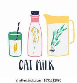 Oat. Set of glass, bottles filled of oat milk. Collection of hand drawn glass vessels with oraganic natural product. Concept for healthy, vegan food menu. Cute flat vector illustration