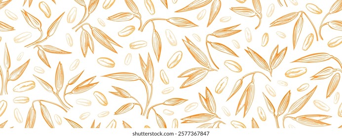 Oat spike, cereal seeds. Engraving seamless print. Wheat, spelt plant details sketch. Agriculture farm harvest. Vector hand drawn background. Retro patern for food package, vegan milk, granola art