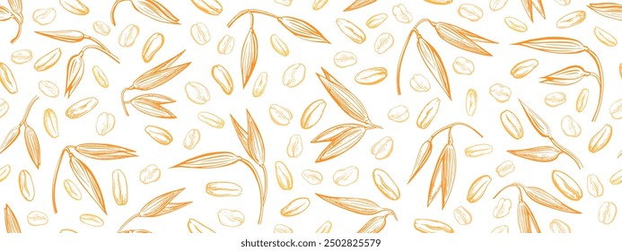 Oat spike, golden seeds seamless pattern. Wheat, spelt details sketch. Agriculture farm harvest. Vector hand drawn texture backdrop. Graphic vintage print for food package, vegan milk