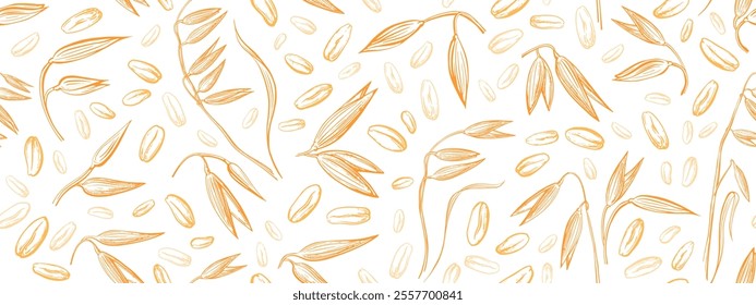 Oat spike, golden seeds seamless patern. Wheat, spelt plant details sketch. Agriculture farm harvest. Vector hand drawn background. Graphic vintage print for food package, vegan milk, granola design