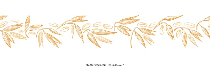 Oat spike, golden seeds seamless border. Wheat, spelt plant details sketch. Agriculture farm harvest. Vector hand drawn background. Graphic vintage print for food package, vegan milk, granola design