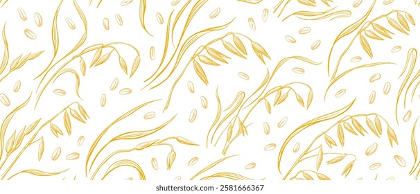 Oat spike, golden seeds seamless pattern. Agriculture farm harvest. Wheat, spelt plant details sketch. Vector hand drawn background. Graphic vintage print for food package, vegan milk, granola design