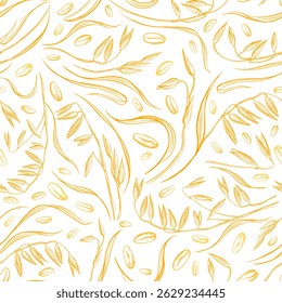 Oat spike, golden seeds seamless pattern. Vector hand drawn backdrop. Agriculture farm harvest. Wheat, spelt plant texture sketch. Graphic vintage print for food package, vegan milk, granola design