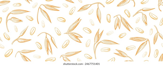 Oat spike, seed endless background. Vector hand drawn pattern. Wheat, golden spelt details sketch. Agriculture farm harvest. Graphic vintage wallpaper for package, vegan milk, food design