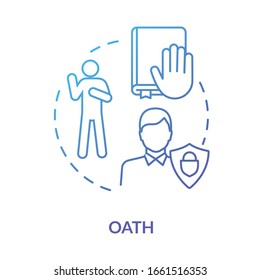 Oath Blue Concept Icon. Affirmation In Court. Making Pledge On Book. Courthouse Legislation. Witness Testimony. Notary Service Idea Thin Line Illustration. Vector Isolated Outline RGB Color Drawing