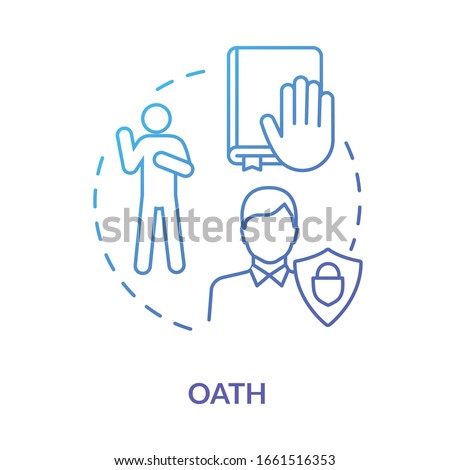 Oath blue concept icon. Affirmation in court. Making pledge on book. Courthouse legislation. Witness testimony. Notary service idea thin line illustration. Vector isolated outline RGB color drawing